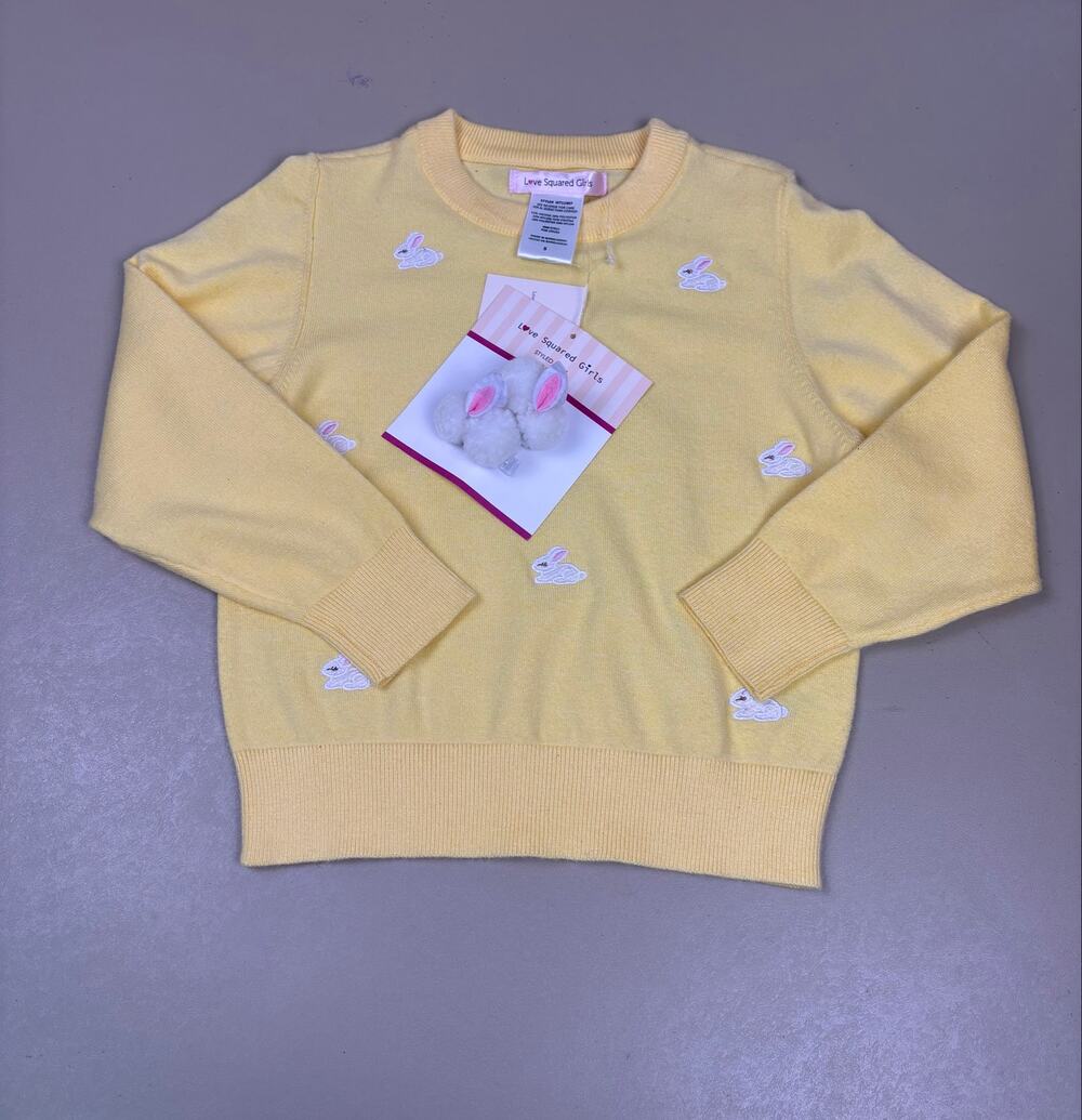 Love Squared Girls Size 5 Yellow Bunny Embroidered Sweater w/ Hair Clips NWT